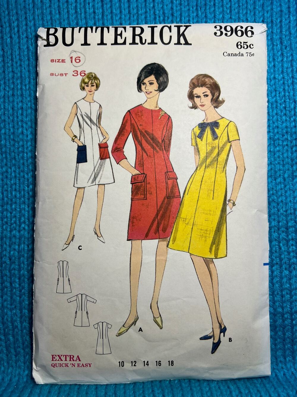 Butterick Sewing pattern 3966 Fit and flare dress pockets 1960s size 16